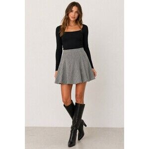 Stitch + Feather Herringbone Flared Mini Skirt Gray Size L Academia Chic NWT